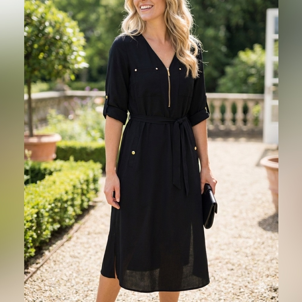 Black V-Neck Tie-Waist Midi Dress